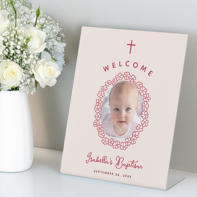 Pink & Red Girl Baptism Photo in Flower Wreath Pedestal Sign (Creator Uploaded)