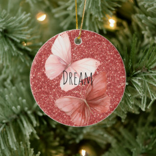 Pink Red Glitter Butterflies Christmas Ceramic Ornament