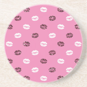 Pink Red Glitter White Kisses Lips Coaster