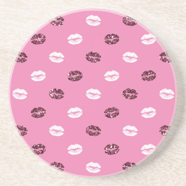 Pink Red Glitter White Kisses Lips   Coaster (Front)