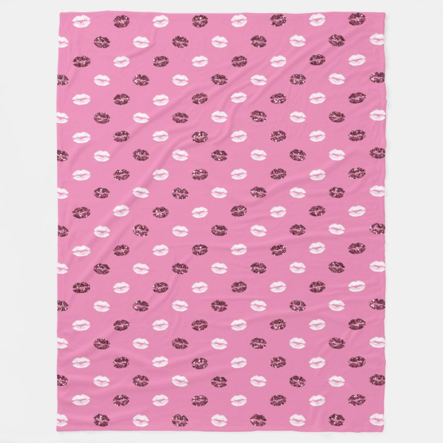 Pink Red Glitter White Kisses Lips   Fleece Blanket (Front)