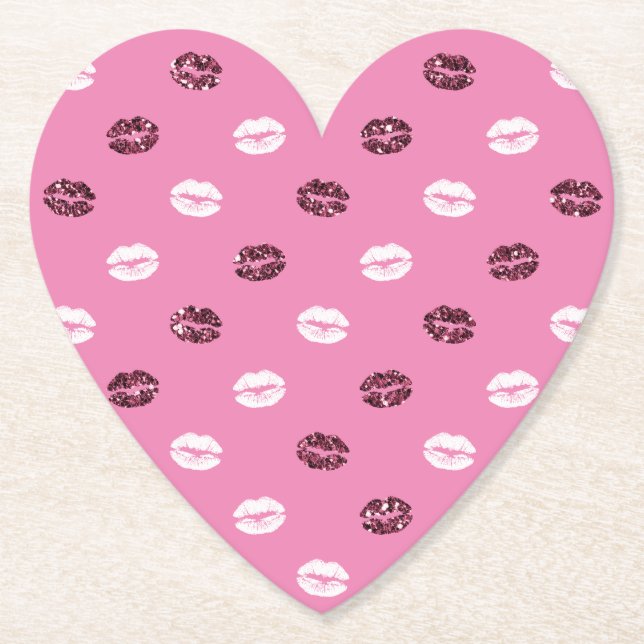Pink Red Glitter White Kisses Lips   Paper Coaster (Front)