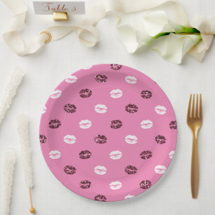 Pink Red Glitter White Kisses Lips Paper Plate