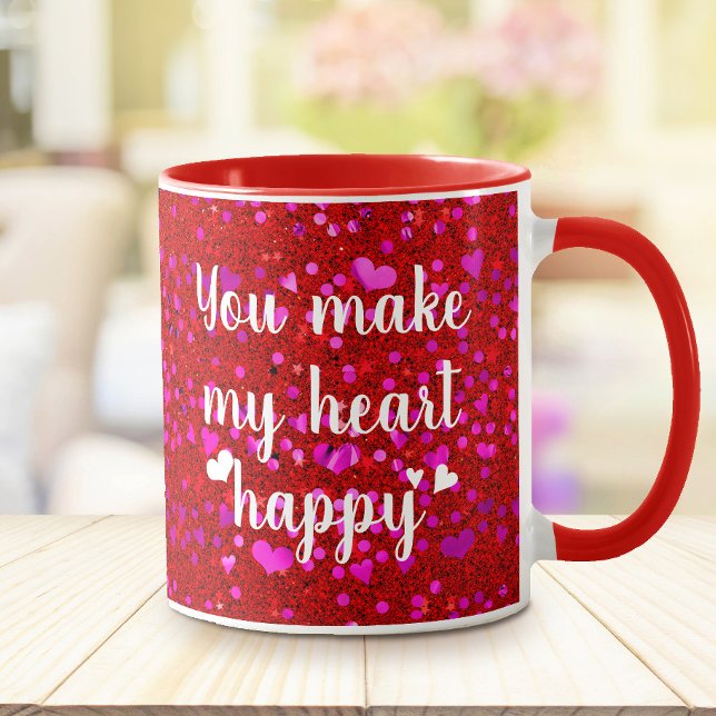 Pink Red Glitter You Make My Heart Happy Script Mug (Creator Uploaded)