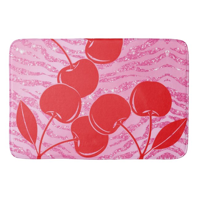 Pink Red Glitter Zebra Cherries Bath Mat (Front)