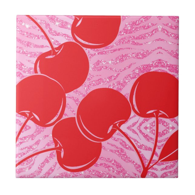 Pink Red Glitter Zebra Cherries Ceramic Tile (Front)