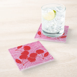 Pink Red Glitter Zebra Cherries Glass Coaster