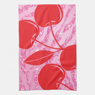 Pink Red Glitter Zebra Cherries Tea Towel