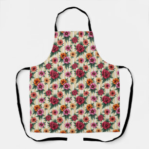 Pink Red Gold Flowers on Tan Stripes Apron