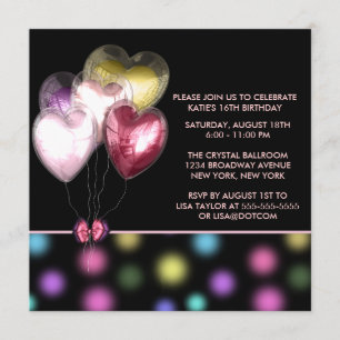 Pink Red Gold Heart Balloons Sweet 16 Party Invitation