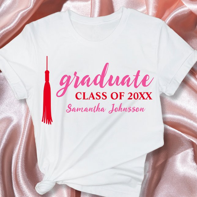 Pink & Red Grad Tassel 2025 Graduation T-Shirt (Pink & Red Graduate Name 2024 Graduation T-Shirt)