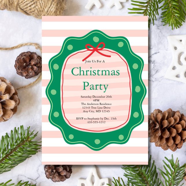 Pink Red Green Coquette Bow Stripe Christmas Party Invitation (Pink Stripe Red Green Coquette Bow Doodle Christmas Holiday Invitation, Printed or Digital)