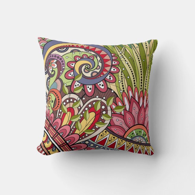 Pink Red Green Flowers And Swirl Pattern Cushion (Front)