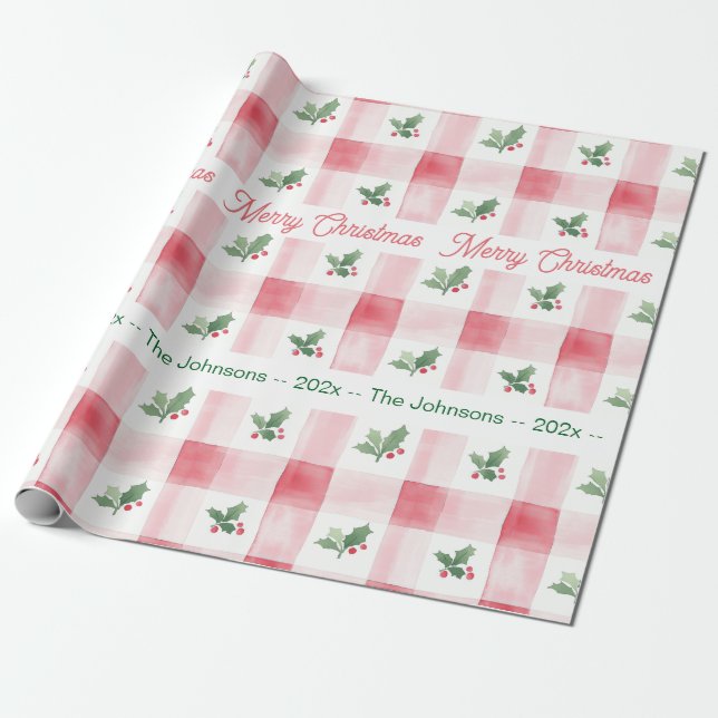 Pink Red Green Personalised Retro Christmas Wrapping Paper (Unrolled)
