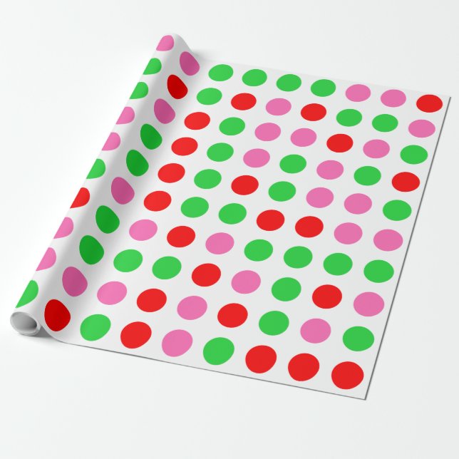 Pink Red Green Polka Dot Christmas Wrapping Paper (Unrolled)