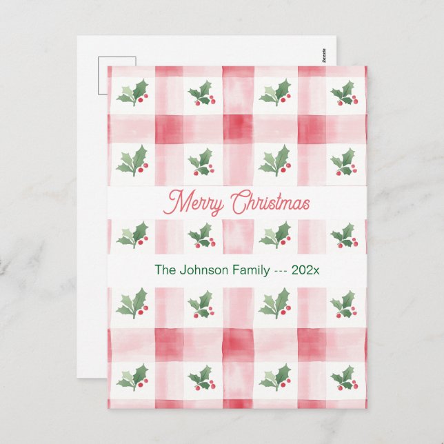 Pink Red Green Retro Christmas Pattern Holiday Postcard (Front/Back)