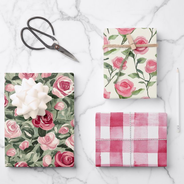 Pink Red Green Roses Floral Birthday Wrapping Paper Sheet (Front)