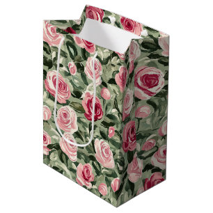 Pink Red Green Roses Floral Bridal Shower Medium Gift Bag