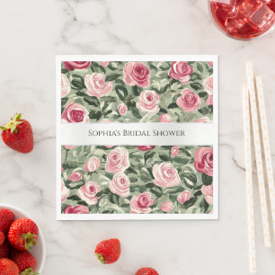 Pink Red Green Roses Floral Bridal Shower Napkin