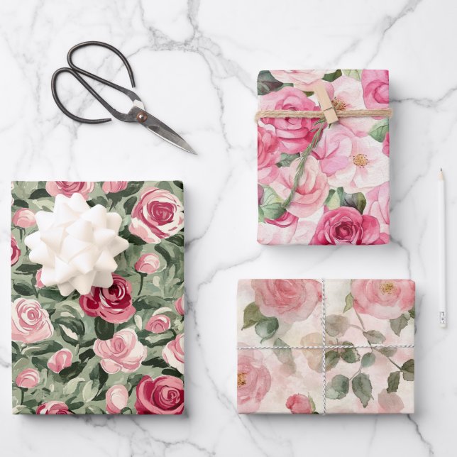 Pink Red Green Roses Floral Bridal Shower Wrapping Paper Sheet (Front)