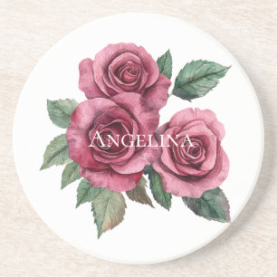 Pink Red Green Roses Floral Coaster