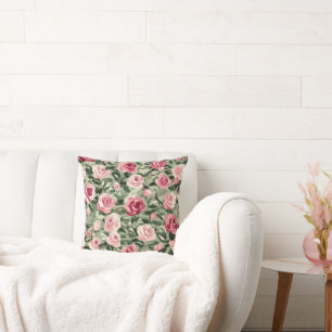 Pink Red Green Roses Floral Cushion