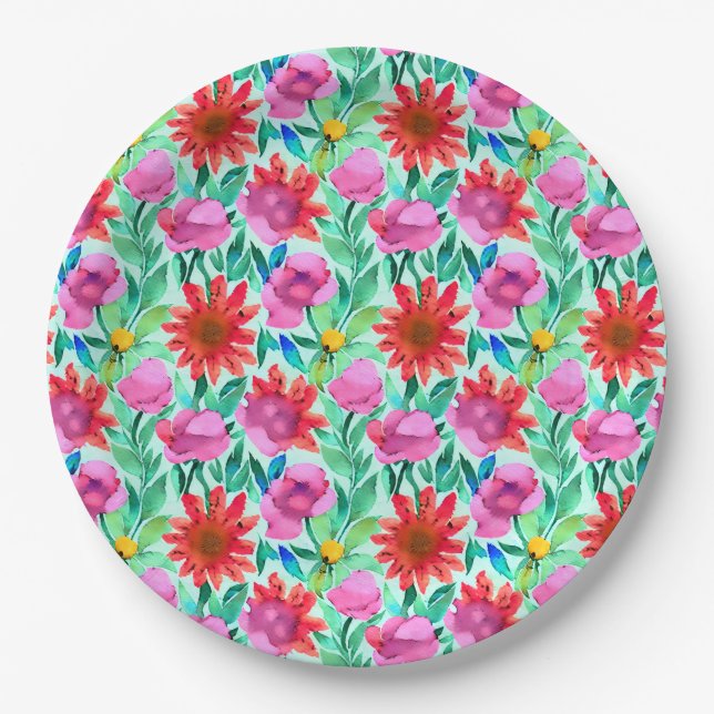 Pink, Red, Green Watercolor Flowers Paper Plate (Front)