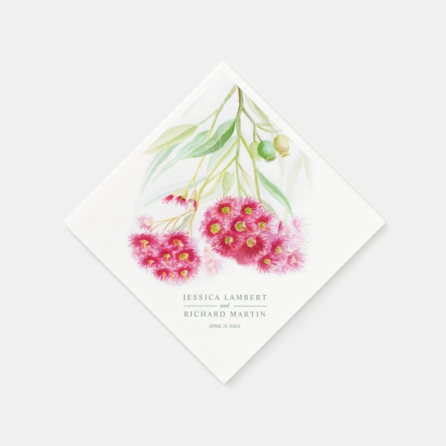 Pink red gumnut eucalyptus watercolor wedding napkin (Corner)