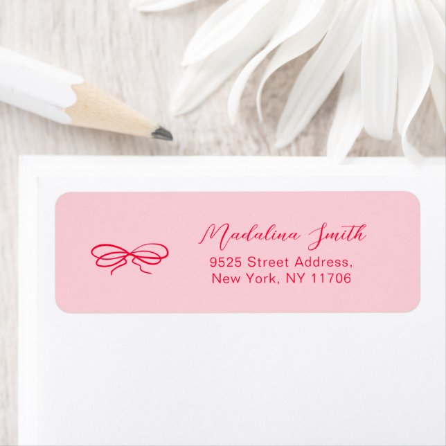 Pink red hand drawn bow bridal return address label (Insitu)
