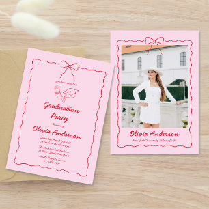 Pink Red Hand-Drawn Bow Squiggle Photo Grad Party Invitation