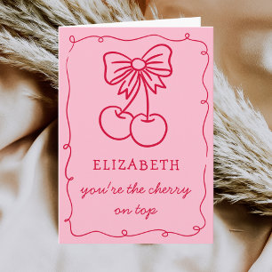 Pink Red Hand Drawn Cherry On Top Valentines Day Holiday Card