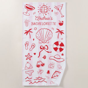 Pink Red Hand Drawn Coastal Bachelorette Favour Beach Towel