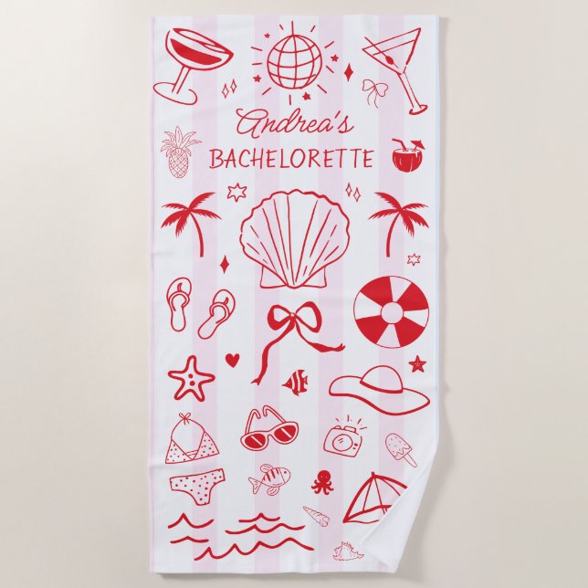 Pink Red Hand Drawn Coastal Bachelorette Favour Beach Towel (Front)