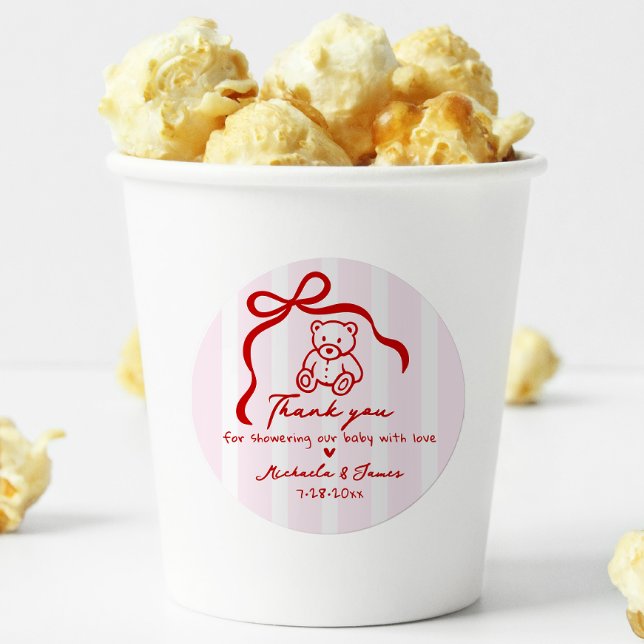 Pink & Red Hand Drawn Doodle Bow Girl Baby Shower Classic Round Sticker (Creator Uploaded)