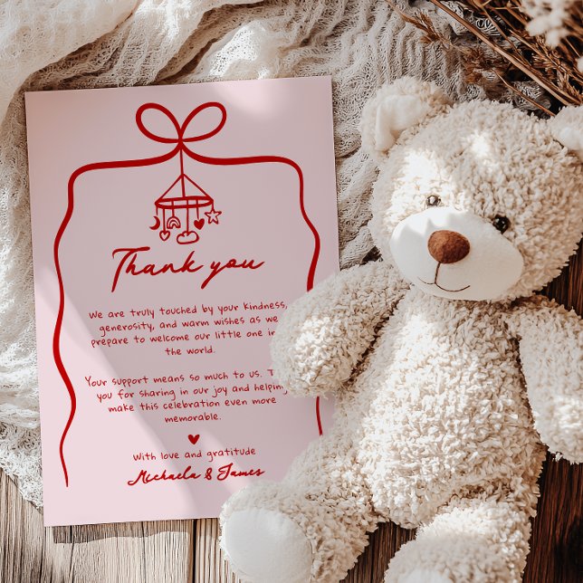Pink & Red Hand Drawn Doodle Bow Girl Baby Shower Thank You Card (Creator Uploaded)
