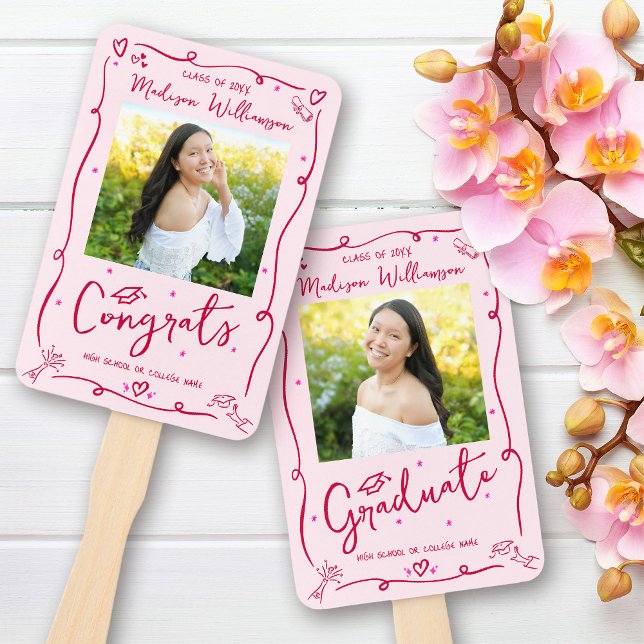 Pink Red Hand Drawn Doodle Graduation 2 Photo Fun Fan (Creator Uploaded)