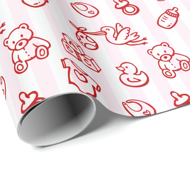 Pink & Red Hand Drawn Doodle Whimsical Baby Shower Wrapping Paper (Roll Corner)