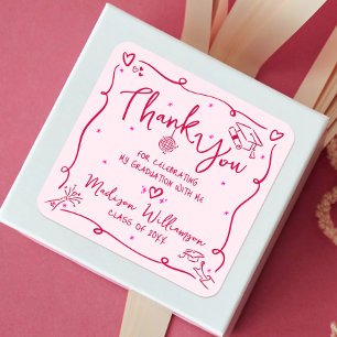 Pink Red Hand Drawn Doodles Graduation Thank You Square Sticker