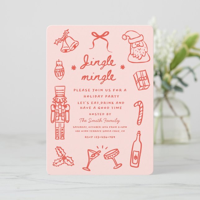 Pink Red Hand Drawn Funky Christmas Party Invitation (Creator Uploaded)