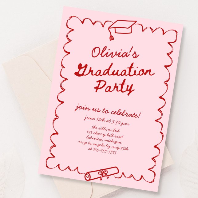 Pink Red Hand drawn Graduation Party Invitation (Creator Uploaded)