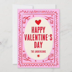 Pink Red Hand Print Retro Happy Valentine’s Day  Holiday Card