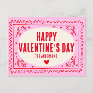 Pink Red Hand Print Retro Happy Valentine’s Day  Postcard