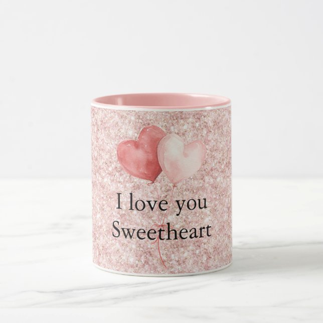 Pink Red Heart Balloons Glitter Sweetheart Mug (Center)