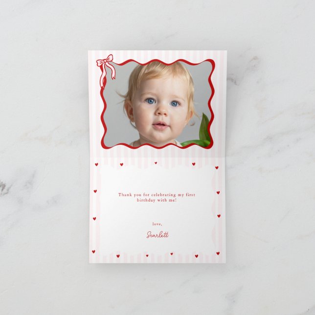 Pink Red Heart Little Sweetheart Birthday Photo Thank You Card (Inside)