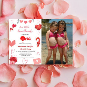 Pink & Red Heart Valentine Twin First Birthday  Invitation