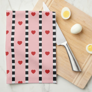 Pink & Red Hearts Chequerboard Stripe Tea Towel