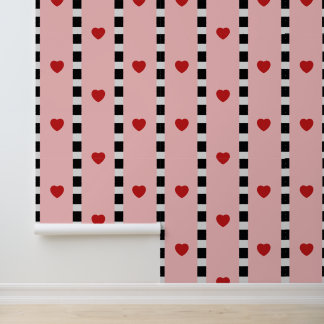 Pink & Red Hearts Chequerboard Stripe Wallpaper