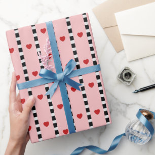 Pink & Red Hearts Chequerboard Stripe Wrapping Paper