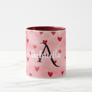 Pink Red Hearts Monogram Name Mug