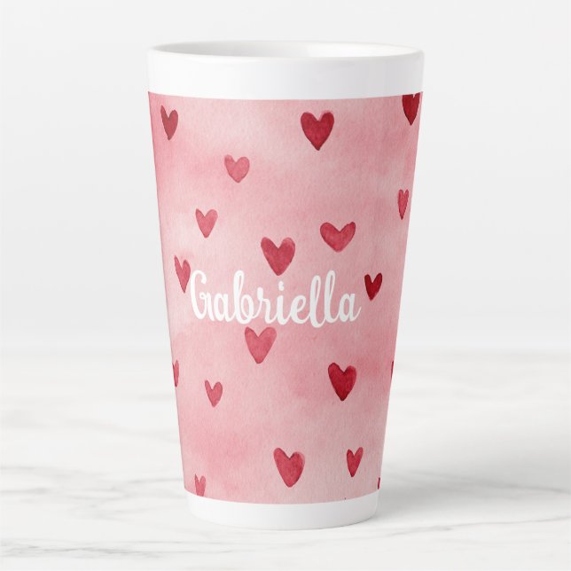 Pink Red Hearts Name Latte Mug (Front)